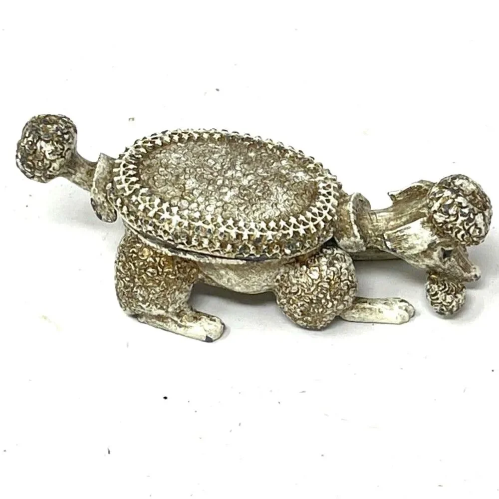 Vintage Florenza Metal Ormolu Poodle Dog Pill Trinket Box Topaz Rhinestone Eyes